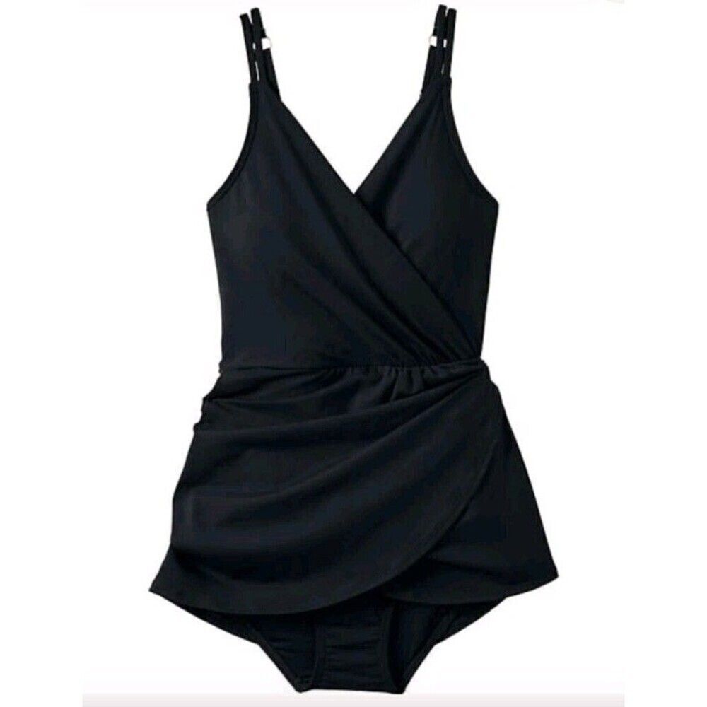 Lands' End Swim Dress One Piece Size Medium UPF 50 Black Tulip Wrap Convertible